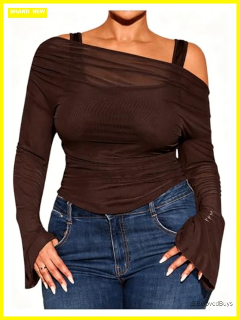 WDIRARA Women's Plus Size Off Shoulder Sheer Bell Sleeve Tee Ruched Top